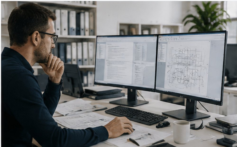 Ingénieur réalisant des recherches et diagnostics dans un bureau