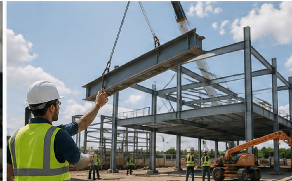 Pose d'une structure métallique sur un chantier